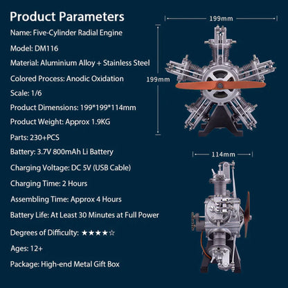 DIYeria™ | DIY 1/6 Full Metal 5 Cylinder Radial Engine Model Kit